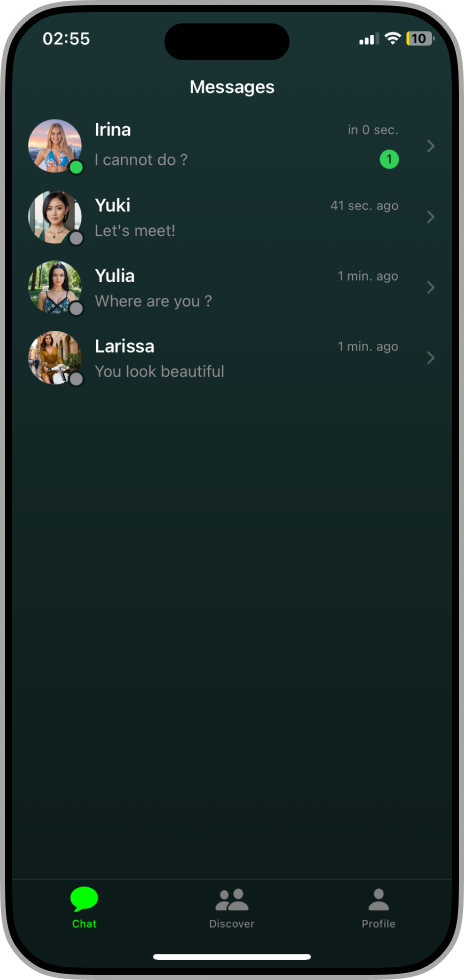 Mix Chat messages screen listing recent conversations with online status and unread count