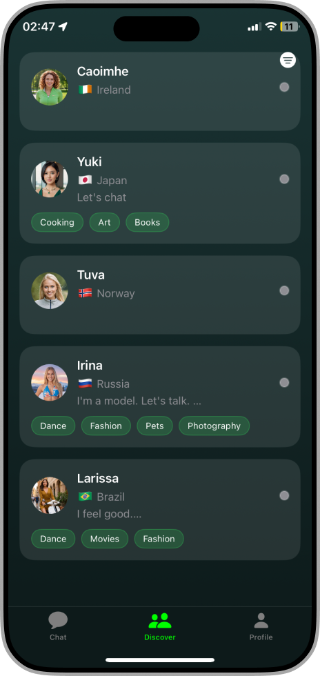 Mix Chat discover screen showing people with their country and interest tags